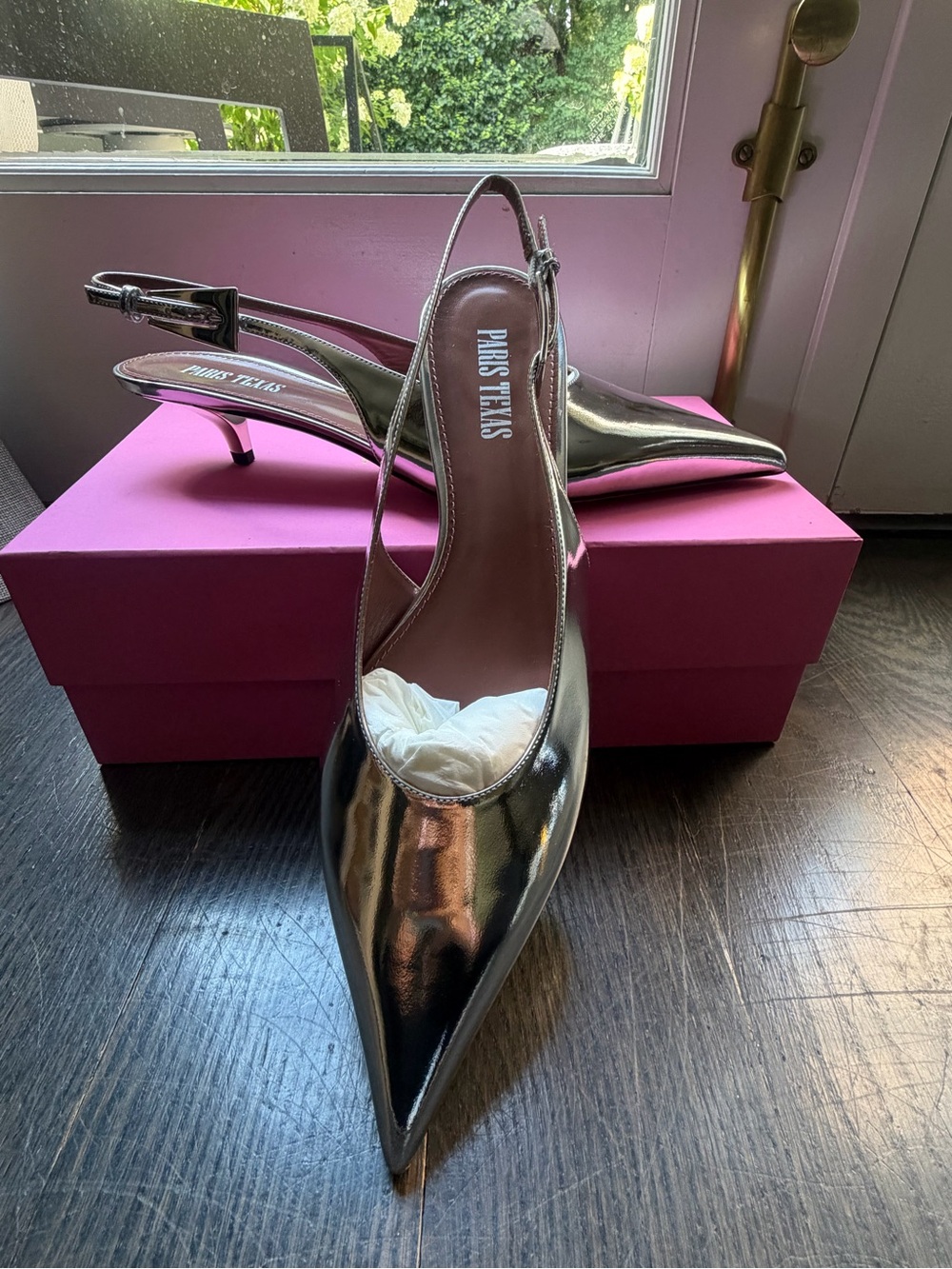 Paris Texas mirrored silver met Pointed-Toe Slingback Kitten Heel current season